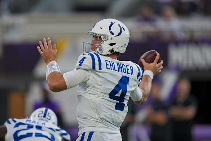 Aug 21, 2021; Minneapolis, Minnesota, USA; Indianapolis Colts quarterback Sam Ehlinger (4) passes against the Minnesota Vikings in the first quarter at U.S. Bank Stadium. Mandatory Credit: Brad Rempel-USA TODAY Sports
